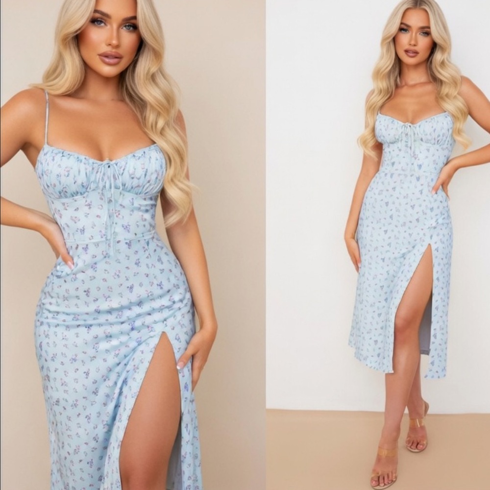 HOUSE OF CB 'Carina' Blue Floral Bustier Midi Dress Small US4-6